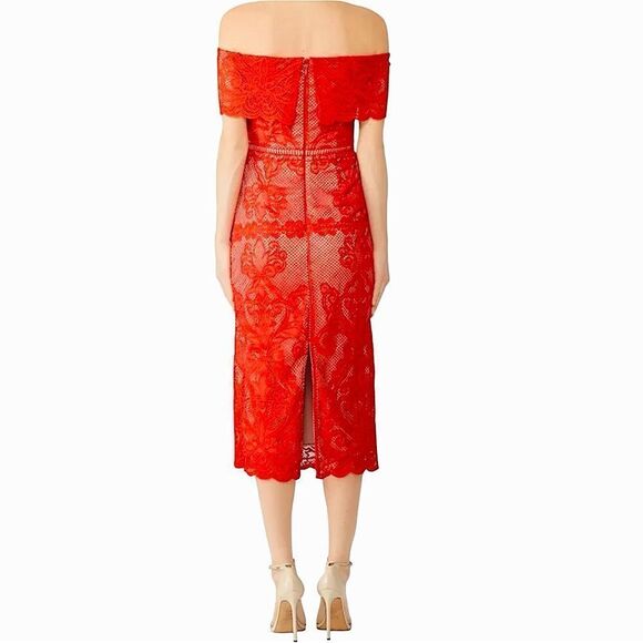Sz S Stylestalker Stella Midi Off the Shoulder Red Lace Dress $241 MSRP - Picture 3 of 15